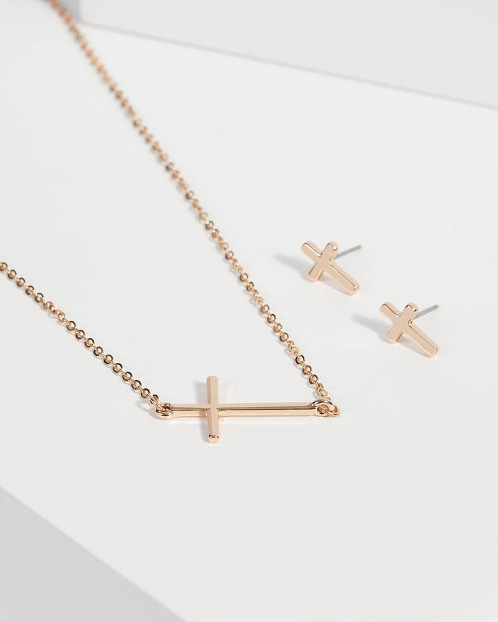 Gold Cross Matching Necklace and Earring Set | Necklaces