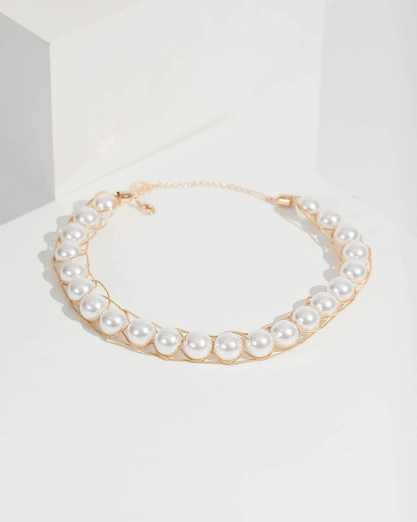 Gold Cross Over Chain Pearl Necklace | Necklaces