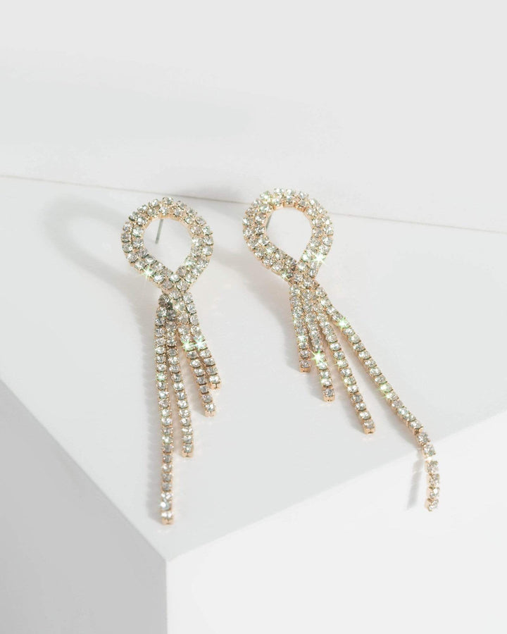 Gold Crossover Diamante Tassel Drop Earrings | Earrings