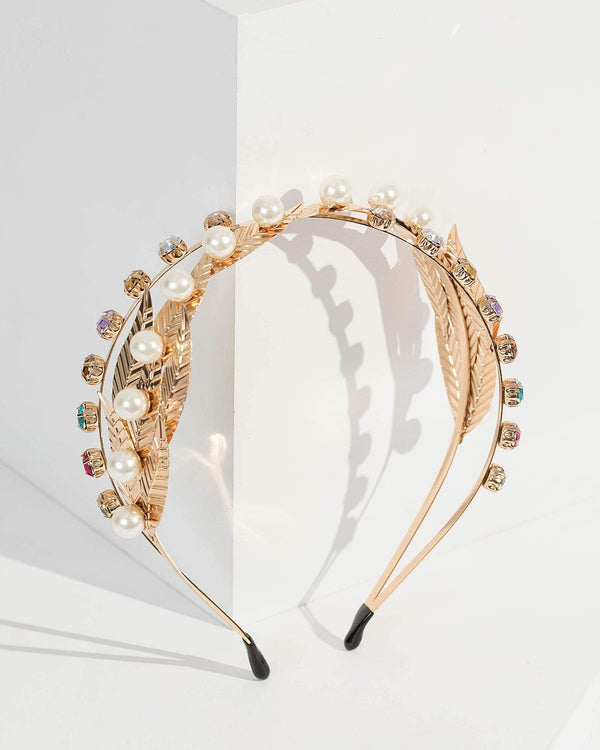 Gold Crossover Pearl And Crystal Headband | Hair Accessories