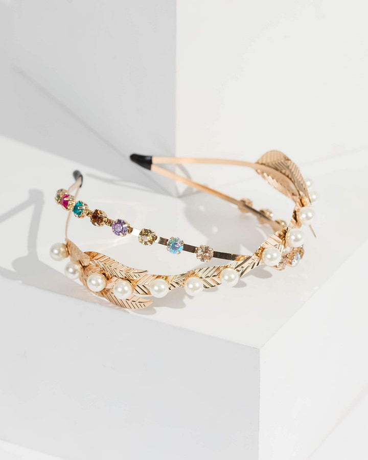 Gold Crossover Pearl And Crystal Headband | Hair Accessories