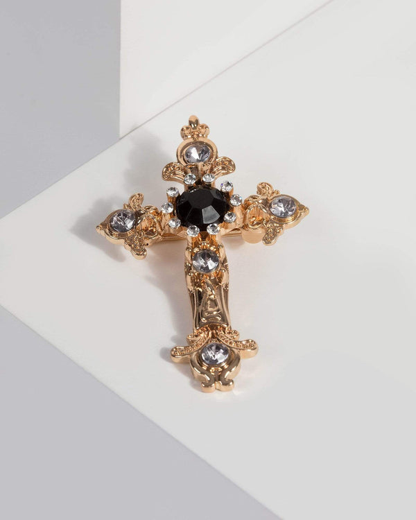 Gold Crystal Cross Brooch | Accessories
