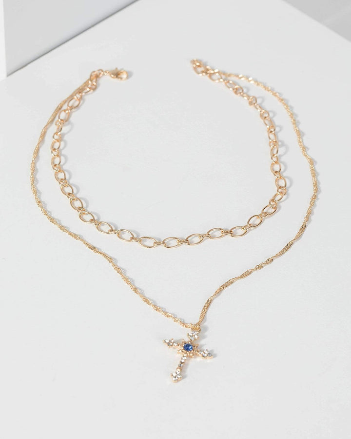 Gold Crystal Cross Layer Necklace | Necklaces
