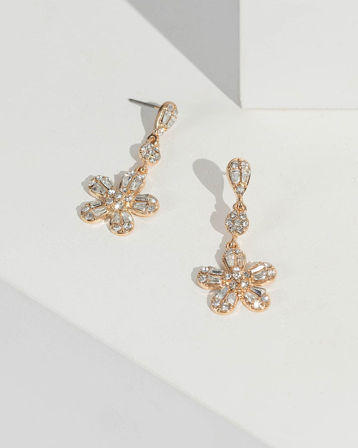 Gold Crystal Flower Detail Drop Earrings | Earrings