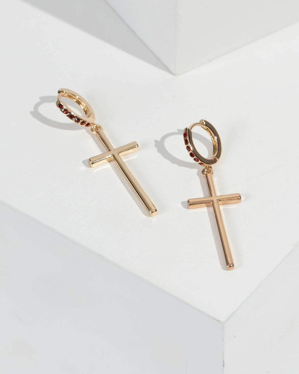 Gold Crystal Huggie Hoop Cross Earrings | Earrings