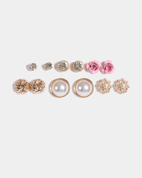 Gold Crystal Multi Pearl Floral Earring Set | Earrings
