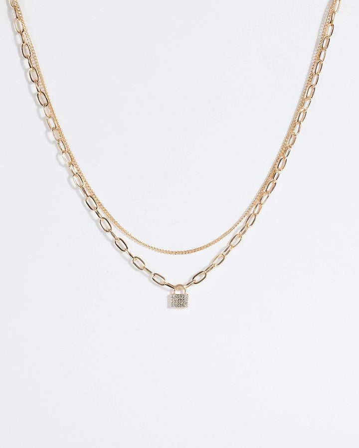 Gold Crystal Padlock 2 Layer Necklace | Necklaces