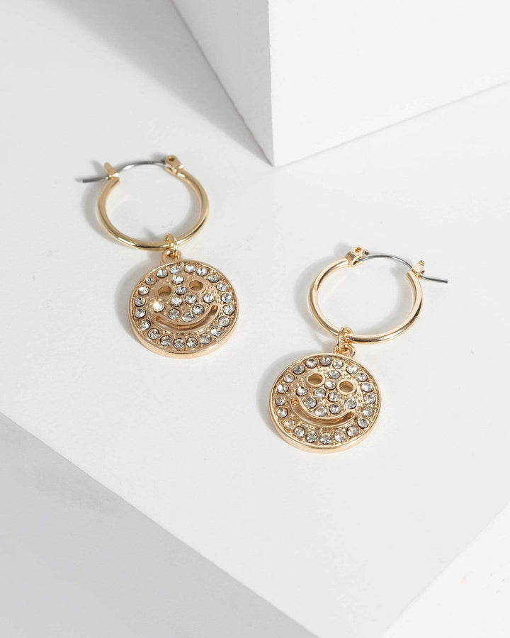 Gold Crystal Smiley Hoop Earrings | Earrings