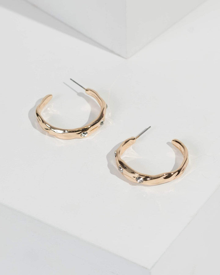 Gold Crystal Studded Organic Hoop Earrings | Earrings