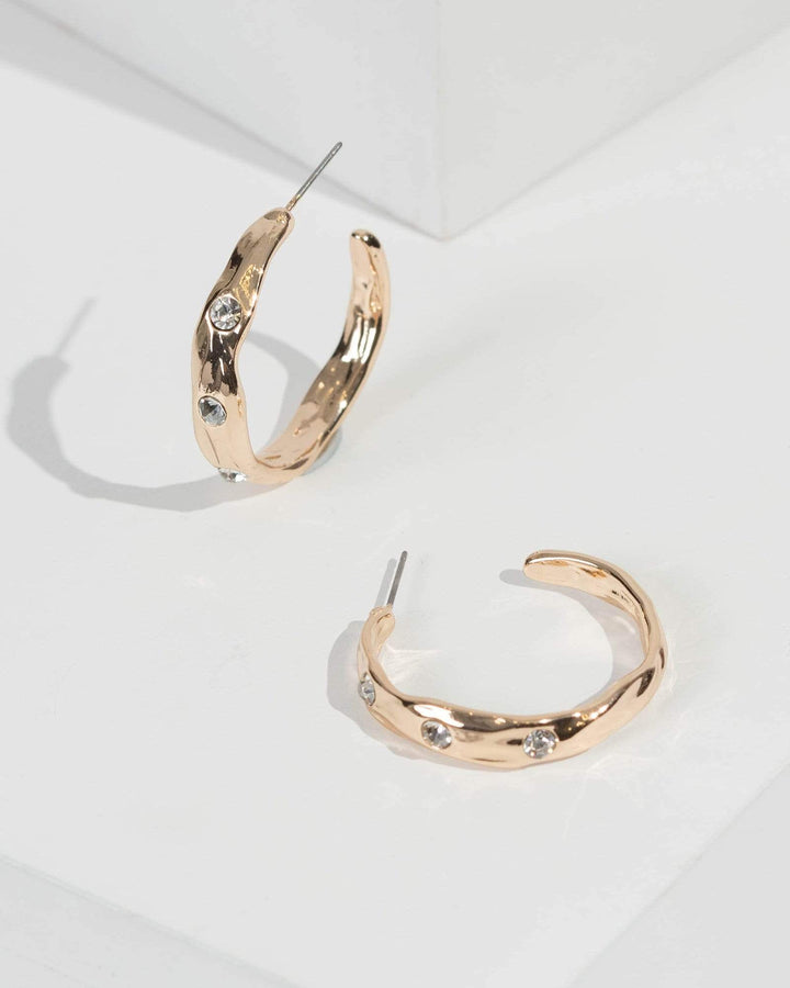 Gold Crystal Studded Organic Hoop Earrings | Earrings