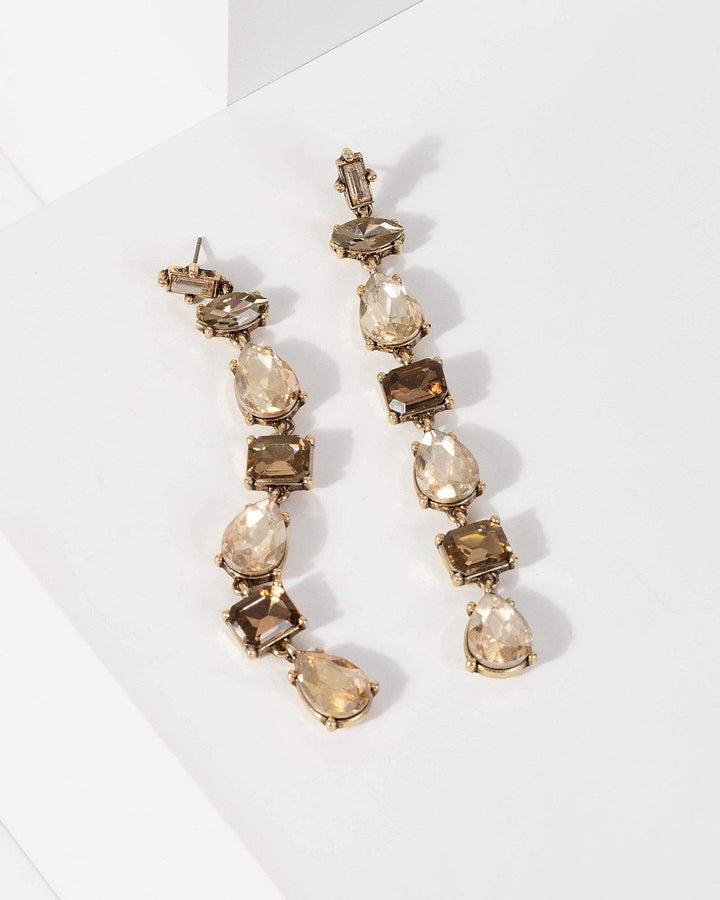 Gold Crystal Tear Drop And Rectangle Earrings | Earrings