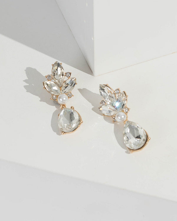 Gold Crystal Teardrop Pearl Drop Earrings | Earrings