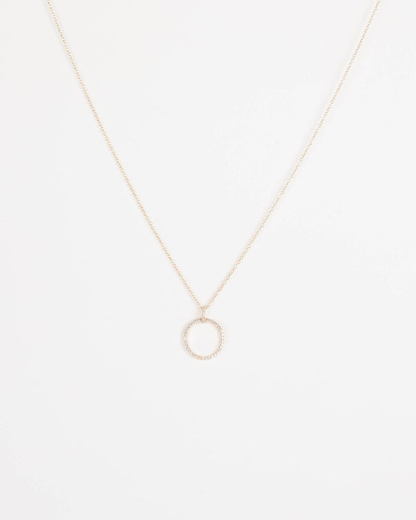 Gold Cubic Zirconia Circle and Bar Necklace | Necklaces