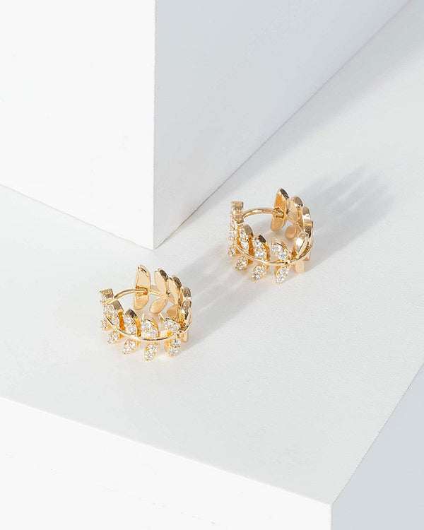 Gold Cubic Zirconia Diamante Leaf Half Hoop Earrings | Earrings