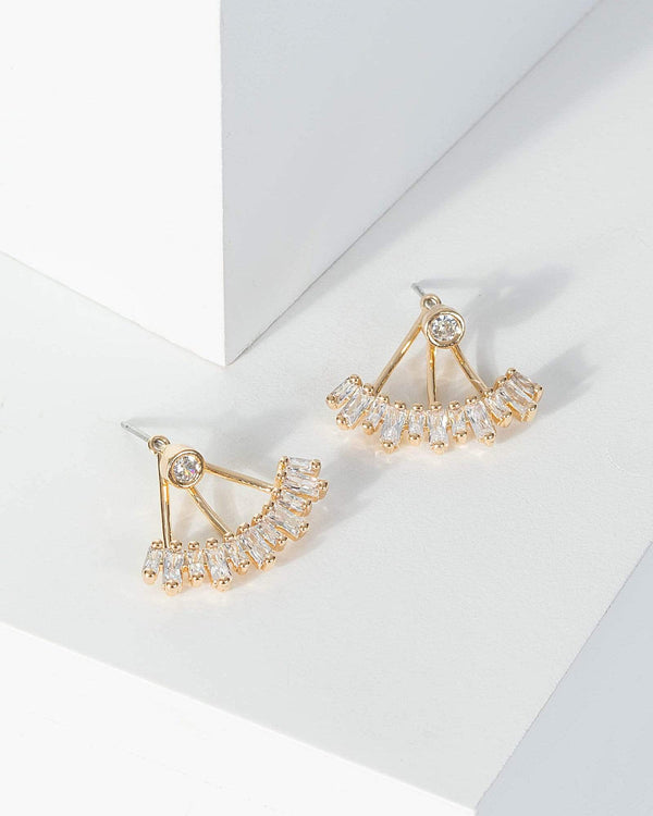 Gold Cubic Zirconia Fan Detail Earrings | Earrings