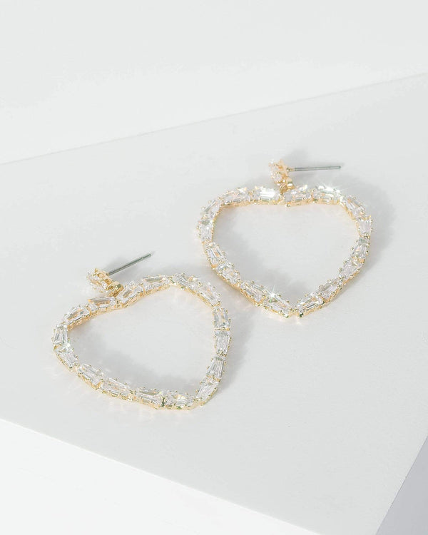 Gold Cubic Zirconia Large Love Heart Earrings | Earrings