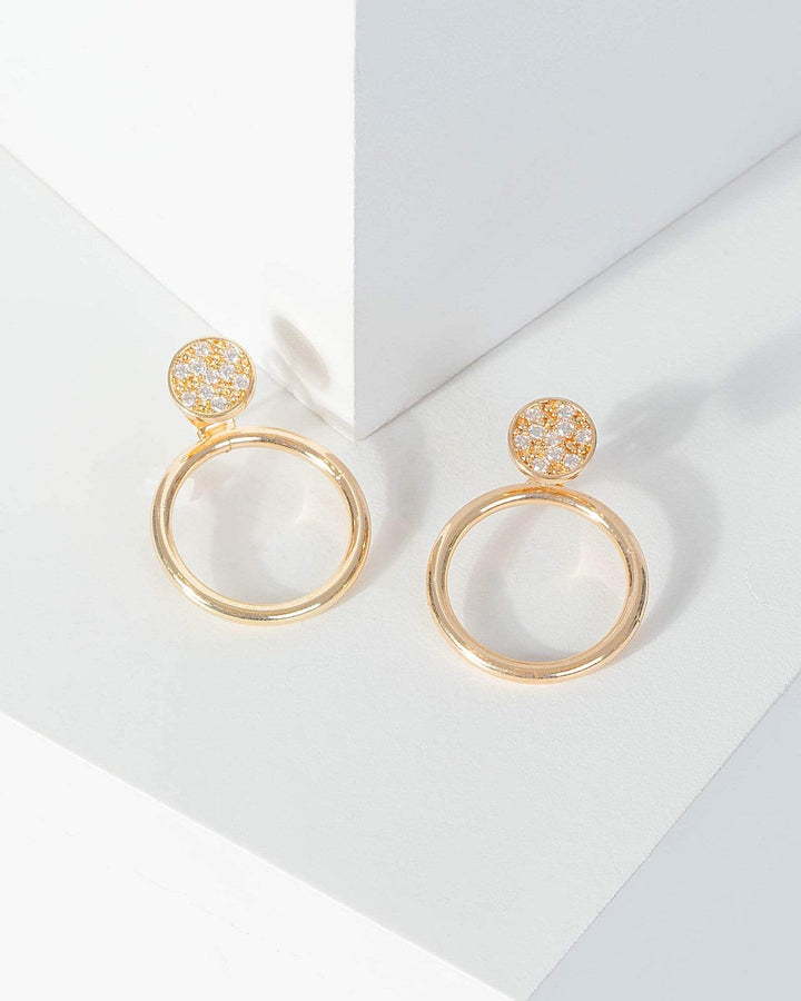 Gold Cubic Zirconia Pave Disc Front Back Earrings | Earrings