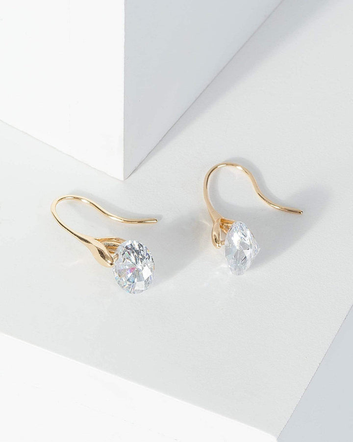 Gold Cubic Zirconia Round Crystal Detail Drop Earrings | Earrings
