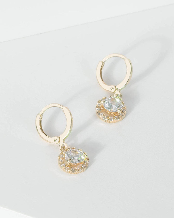 Gold Cubic Zirconia Round Detail Drop Hoop Earrings | Earrings