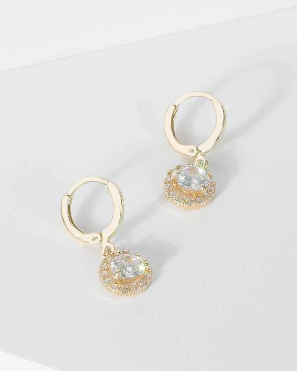 Gold Cubic Zirconia Round Detail Drop Hoop Earrings | Earrings