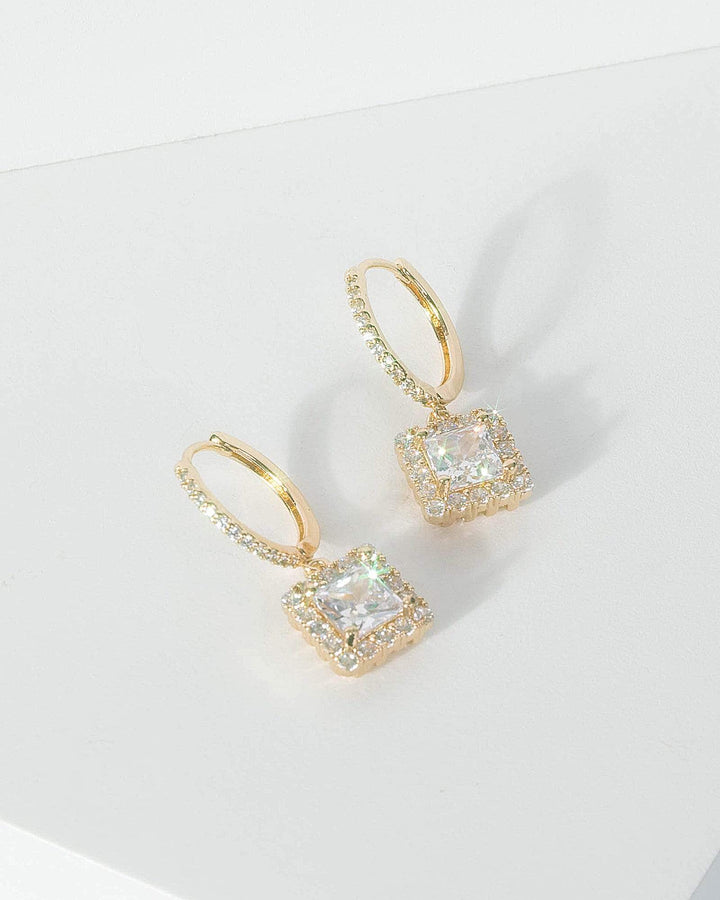 Gold Cubic Zirconia Square Detail Drop Hoop Earrings | Earrings