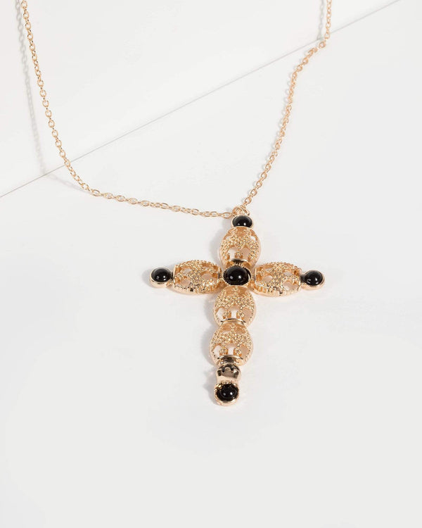 Gold Cut Out Detail Cross Pendant Necklace | Necklaces
