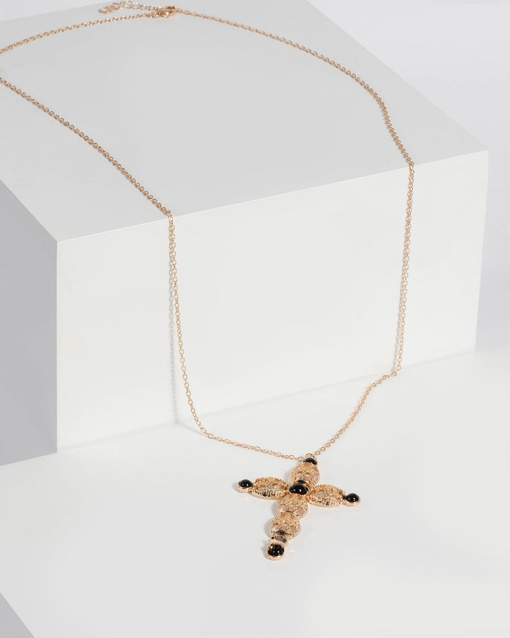 Gold Cut Out Detail Cross Pendant Necklace | Necklaces