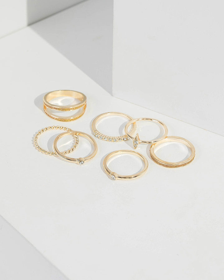 Gold Diamante Band Multi Ring 7 Pack | Rings
