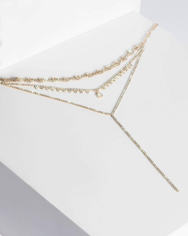 Gold Diamante Chain Lariat Necklace | Chokers