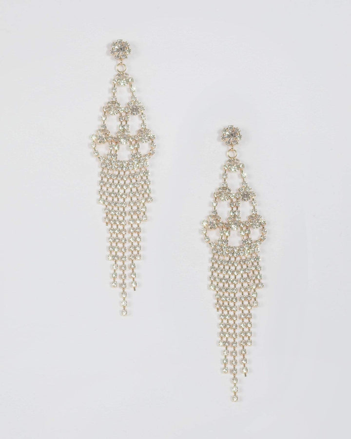 Gold Diamante Chain Tiered Statement Earrings | Earrings