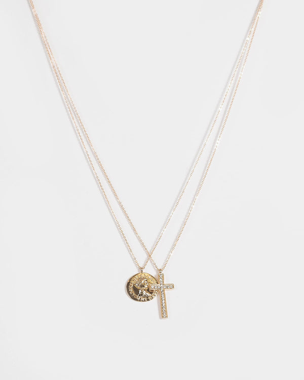 Gold Diamante Cross Coin Necklace | Necklaces