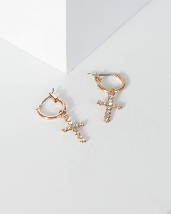 Gold Diamante Cross Huggie Hoop Earrings | Earrings