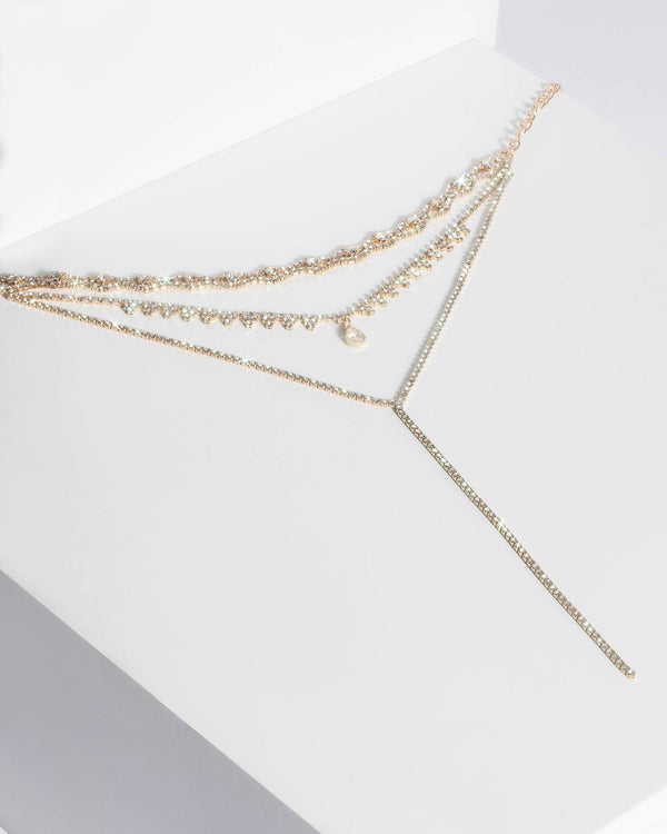 Colette by Colette Hayman Gold Diamante Cup Chain 3 Row Lariat Necklace