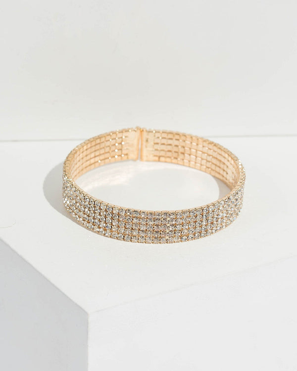 Gold Diamante Cup Chain Flexi Cuff Bracelet | Wristwear