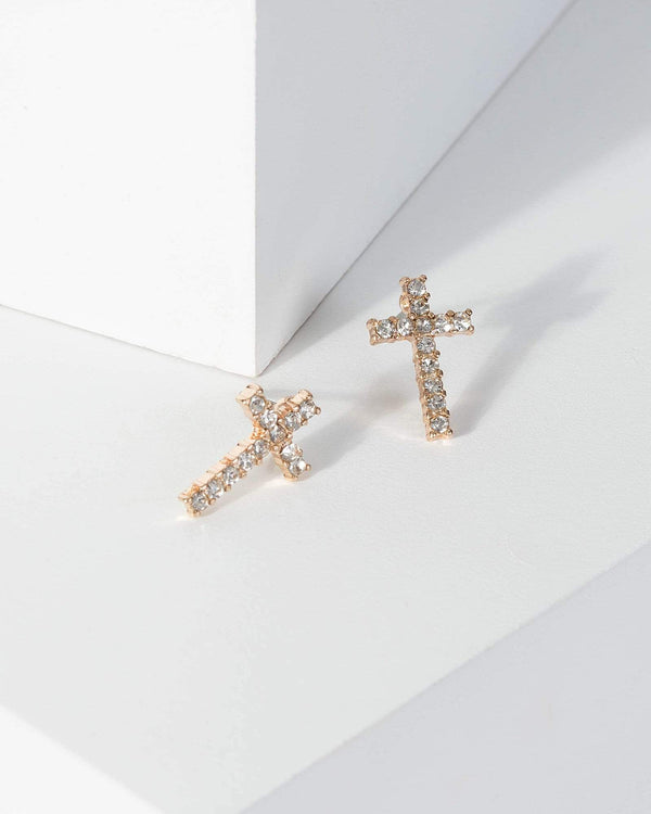 Gold Diamante Detail Cross Earrings | Earrings