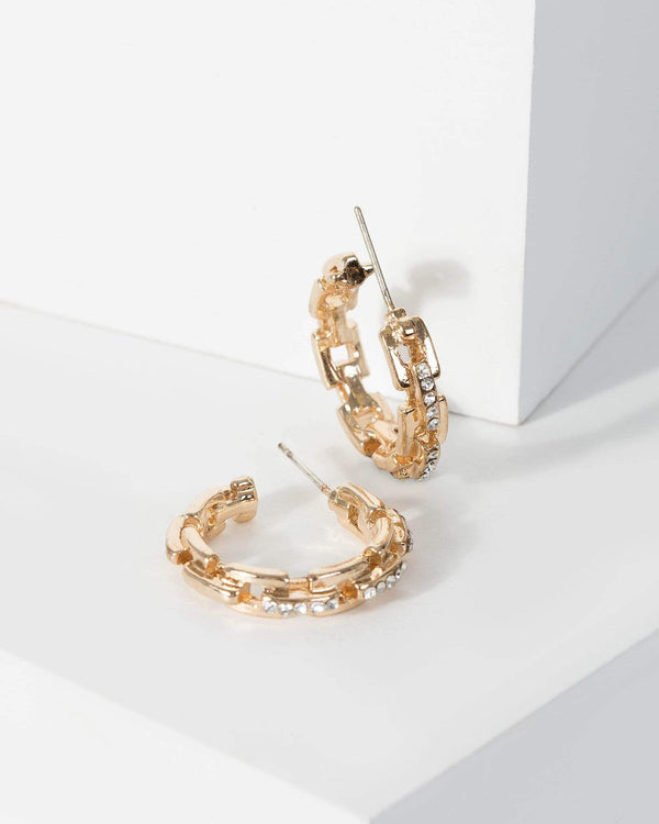 Gold Diamante Detail Linked Metal Chain Hoop Earrings | Earrings