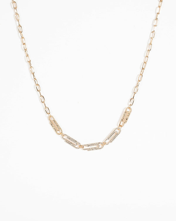 Gold Diamante Paper Clip Chain Necklace | Necklaces