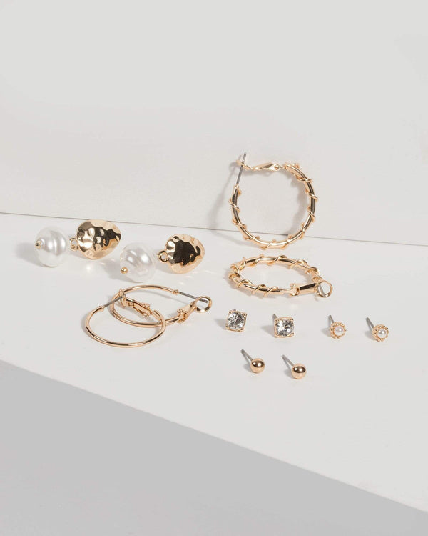 Gold Diamante Pearl Stud Earring Set | Earrings
