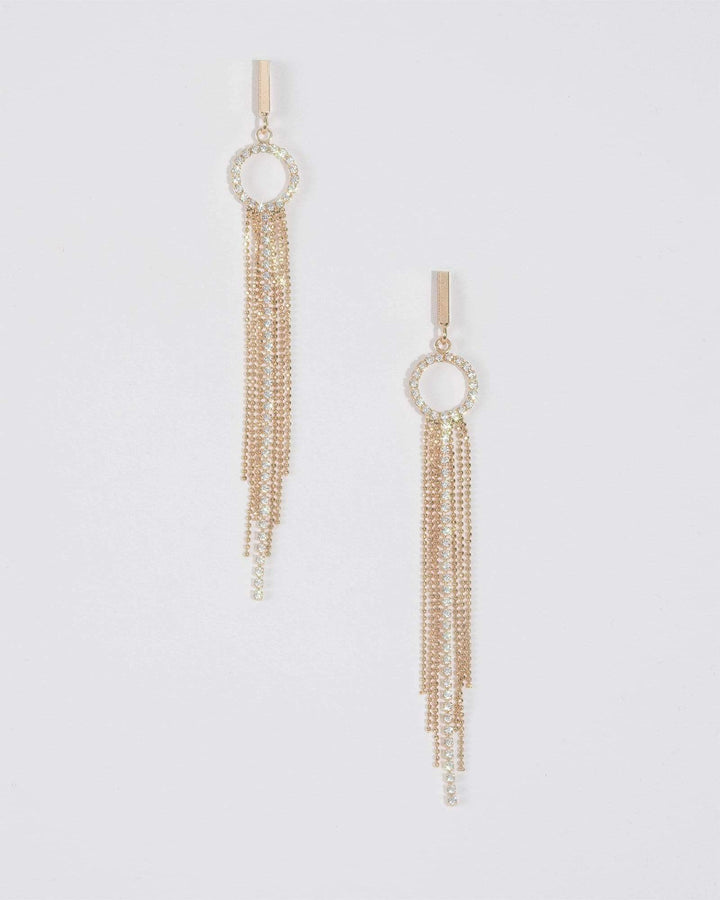 Gold Diamante Round Tassel Drop Earrings | Earrings