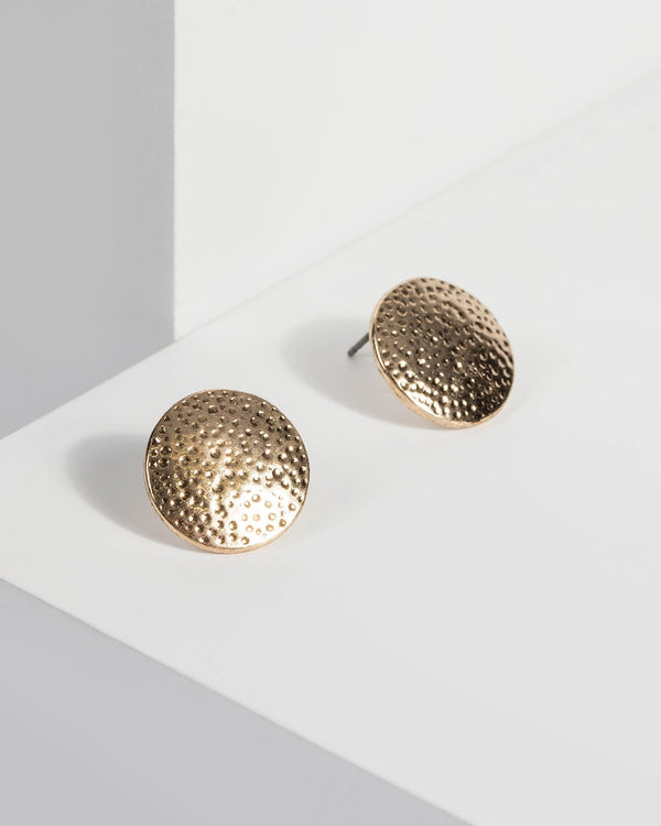 Gold Disc Textured Stud Earrings | Earrings