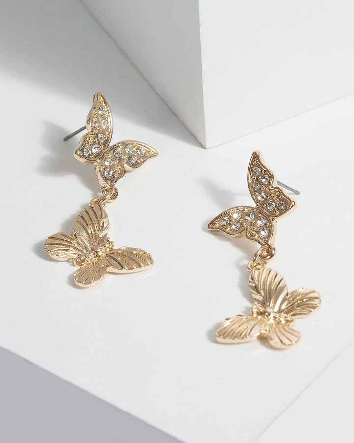Gold Double Butterfly Crystal Drop Earrings | Earrings