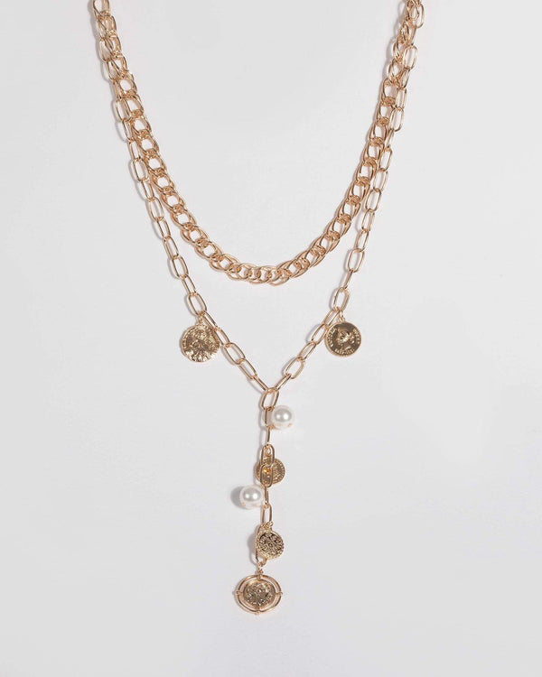 Gold Double Chain Pearl Pendant Necklace | Necklaces