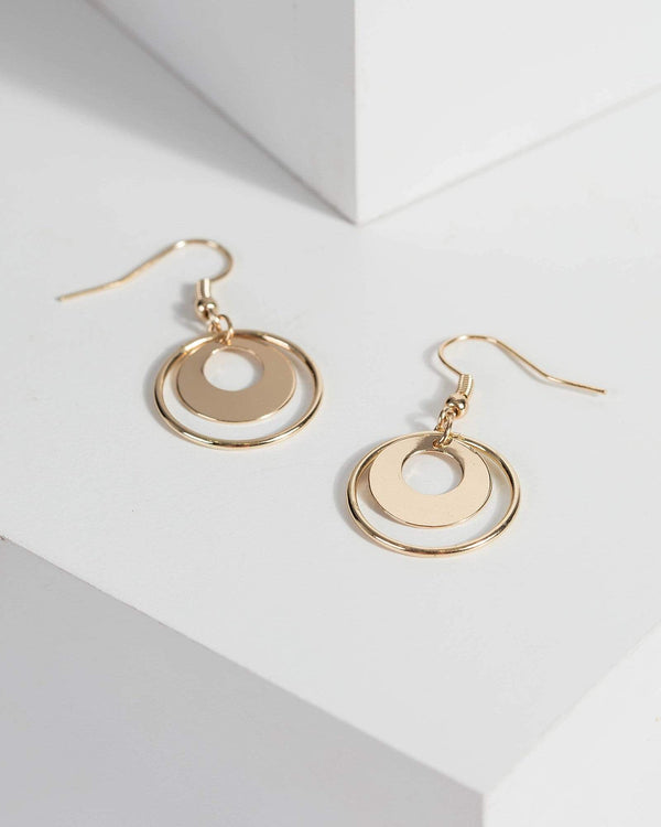 Gold Double Circle Drop Hook Earrings | Earrings