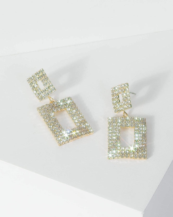 Gold Double Diamante Square Detail Earrings | Earrings