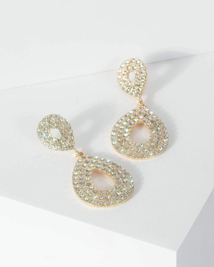 Gold Double Diamante Teardrop Detail Earrings | Earrings