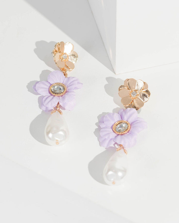 Gold Double Flower And Pearl Drop Earrings | Earrings