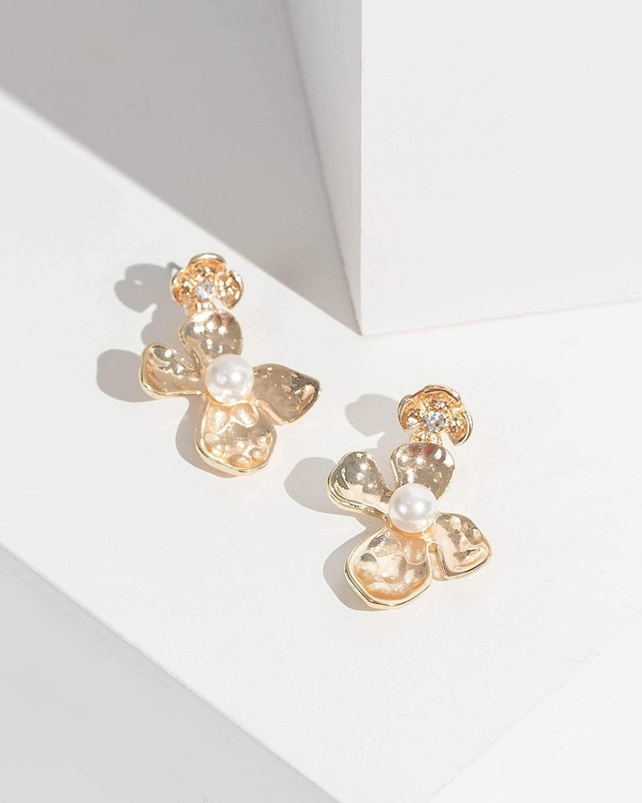 Gold Double Flower Pearl Crystal Earrings | Earrings