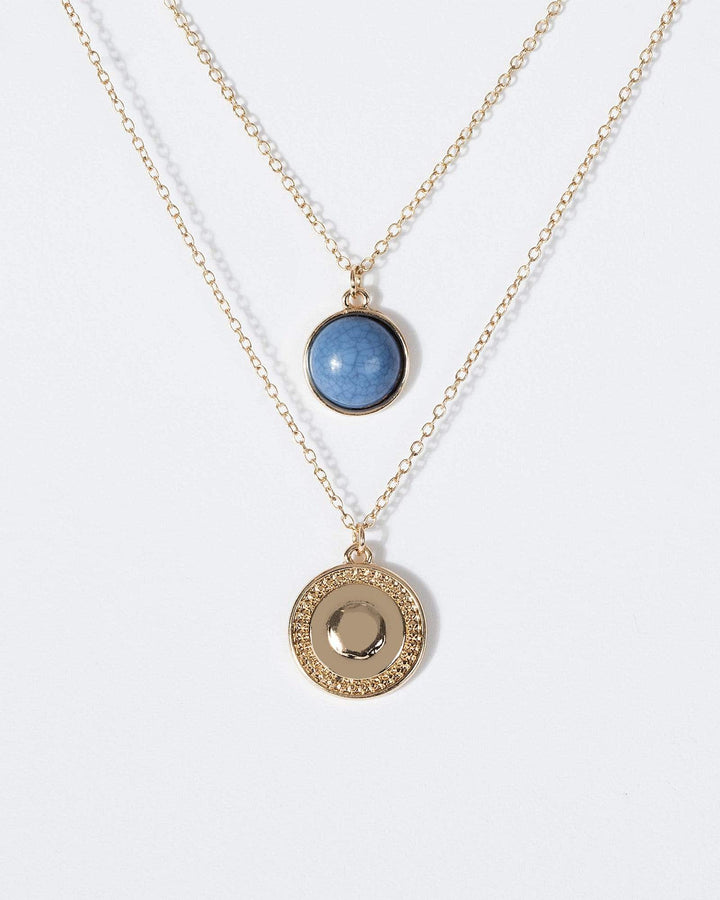 Gold Double Layer Cracked Stone And Round Pendant Necklace | Necklaces