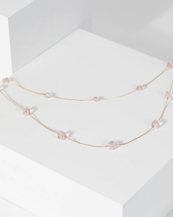 Gold Double Layer Square Crystal Detail Necklace | Necklaces