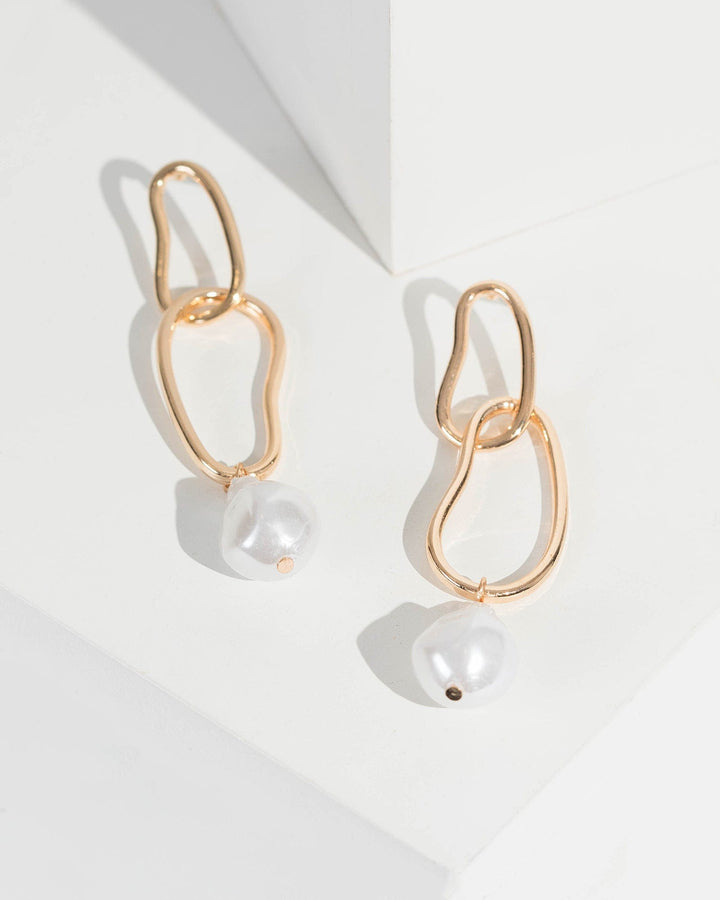 Gold Double Metal Link Pearl Pendant Earrings | Earrings